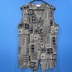 Vintage Saville Sport Rena Rowan Long Rayon Tan Black Busy Abstract Vest Size 14